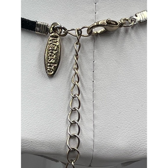 Natasha Gold Tone Spikes Dangles Black Leather Necklace - Picture 11 of 13